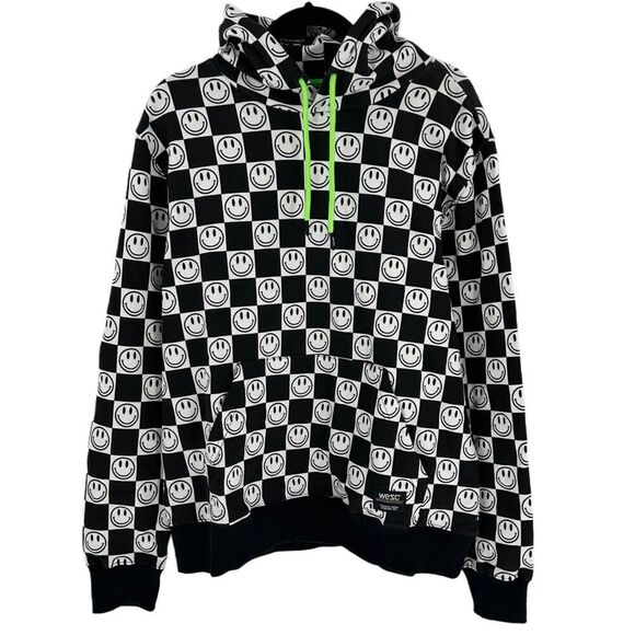 Wesc Mike Checkerboard Smiley Face Pullover Hoodie Black Noir NWT XL - Picture 2 of 12